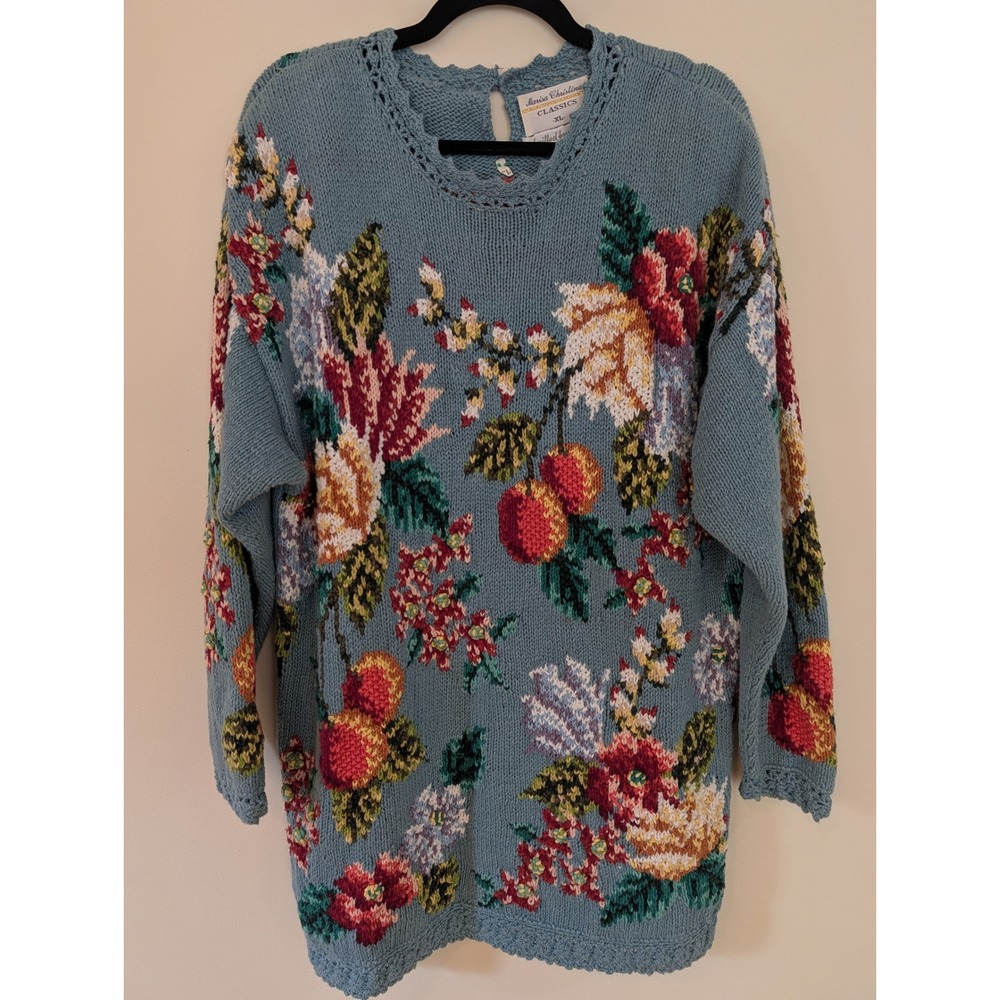 Vintage 90s Marisa Christina Hand Knit Floral Sweater Pullover Cottage Blue XL
